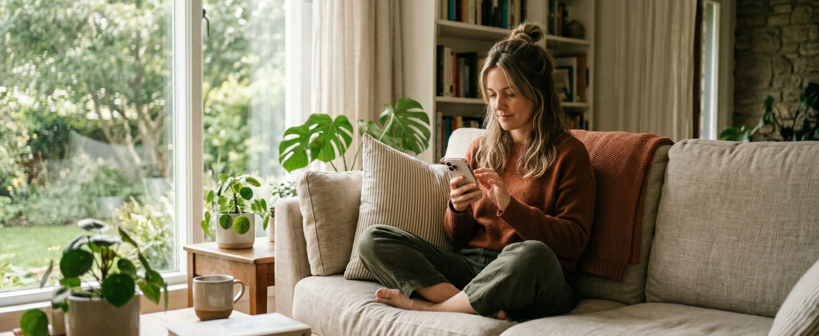 Woman sitting on her couch scrolling her phone in warm morning light while taking a self-awareness quiz