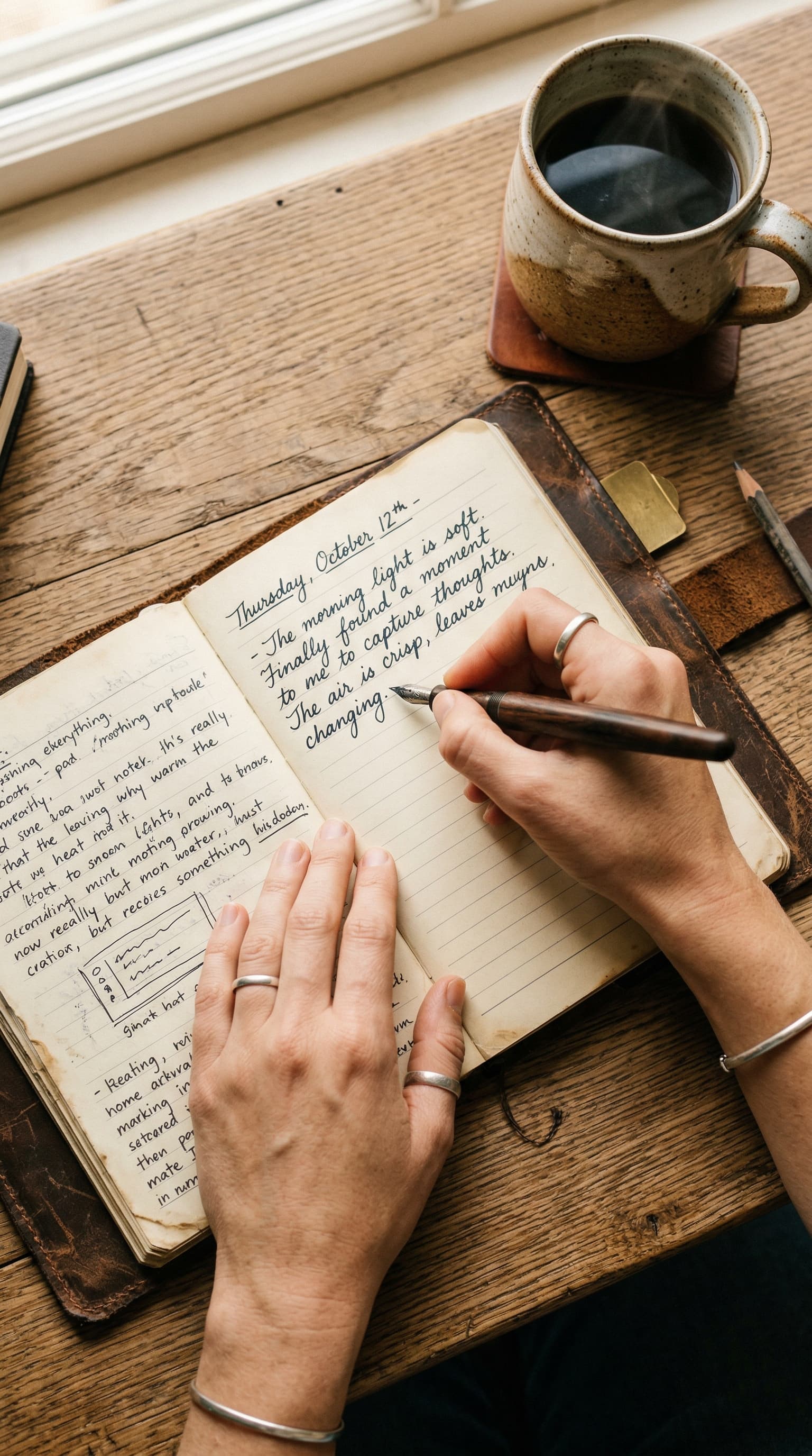Hands writing in a leather journal with a fountain pen beside a coffee mug for personal reflection