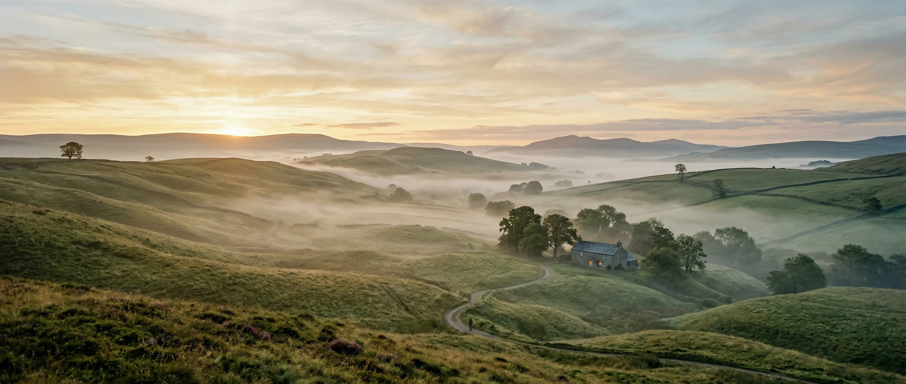 Golden hour sunrise over misty rolling green hills during a moment of calm reflection