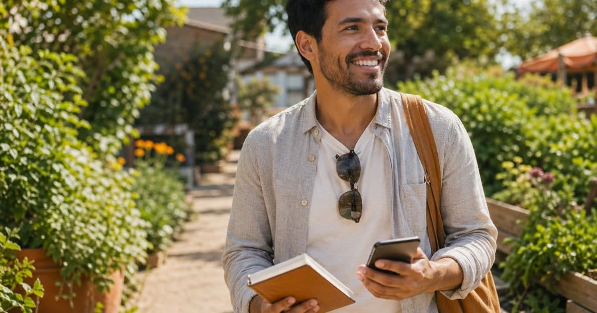 A smiling man walks through a sunny garden holding a phone, a brown notebook, and a shoulder bag.