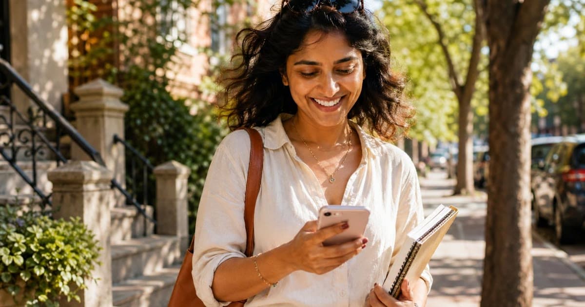 A smiling woman walks along a sunny residential sidewalk while looking at her phone and carrying two spiral notebooks.