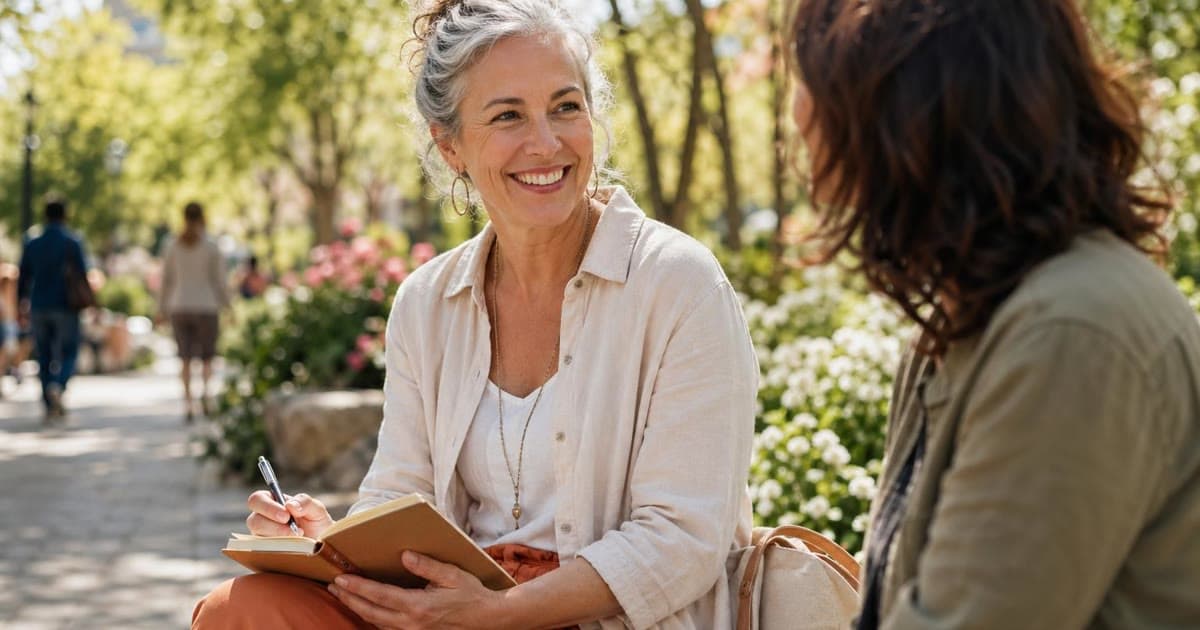 A gray-haired woman smiles while writing in a small notebook during a conversation on a sunlit park bench.