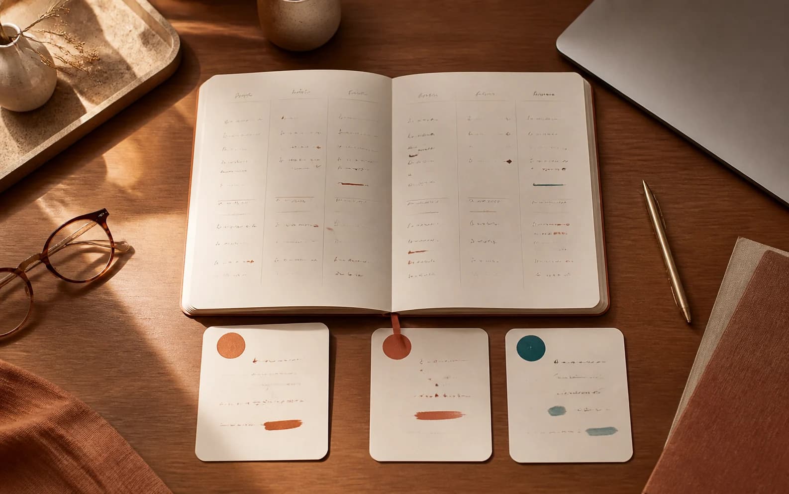 An open journal arranged as a dated grid sits above three note cards with a pen and laptop nearby.
