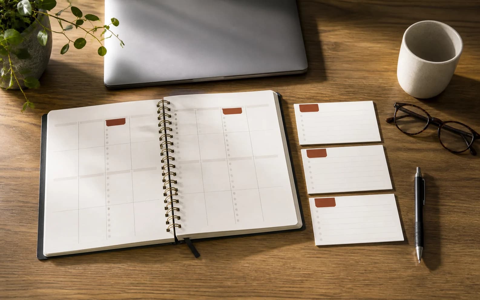 An open weekly planner sits beside index cards, a closed laptop, glasses, and a cup on a sunlit desk.