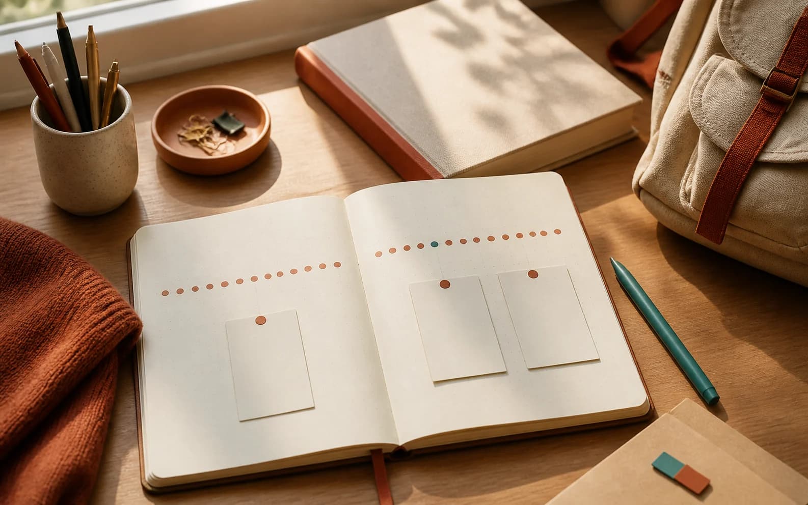 Open notebook with blank prompt cards, pens, and a backpack arranged in warm morning light.