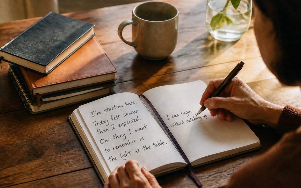 An open journal waiting on a warm desk with space for one small entry after a long break