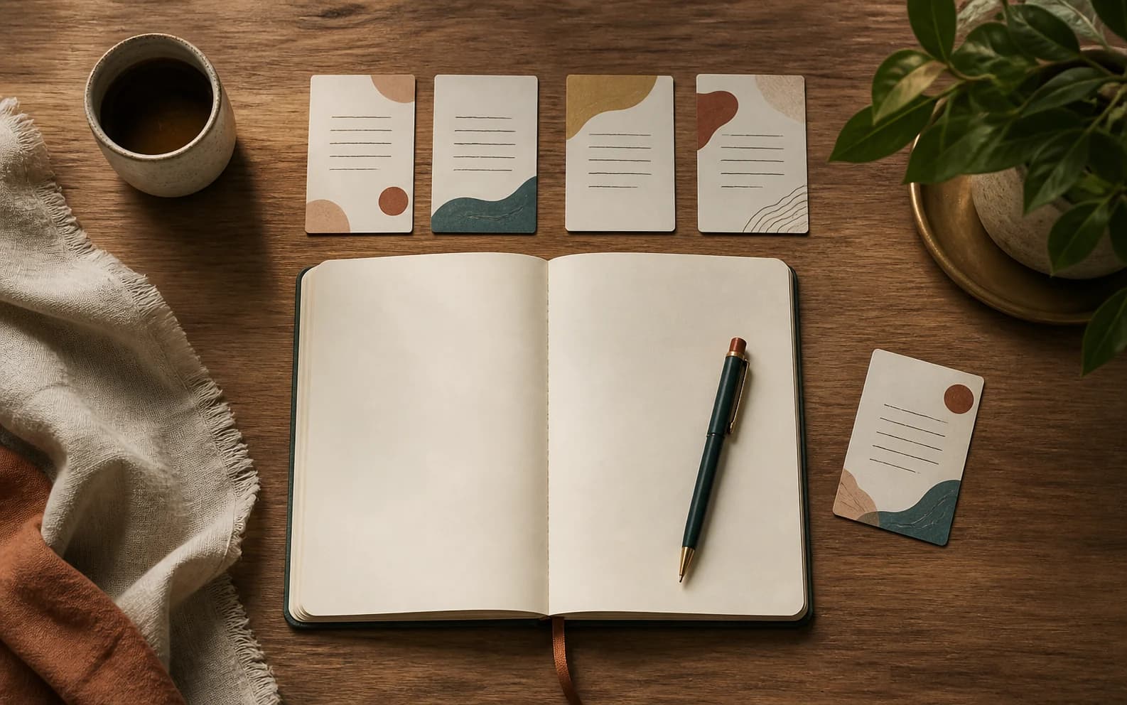 A blank open journal and pen sit below five prompt cards beside a cup and green plant.