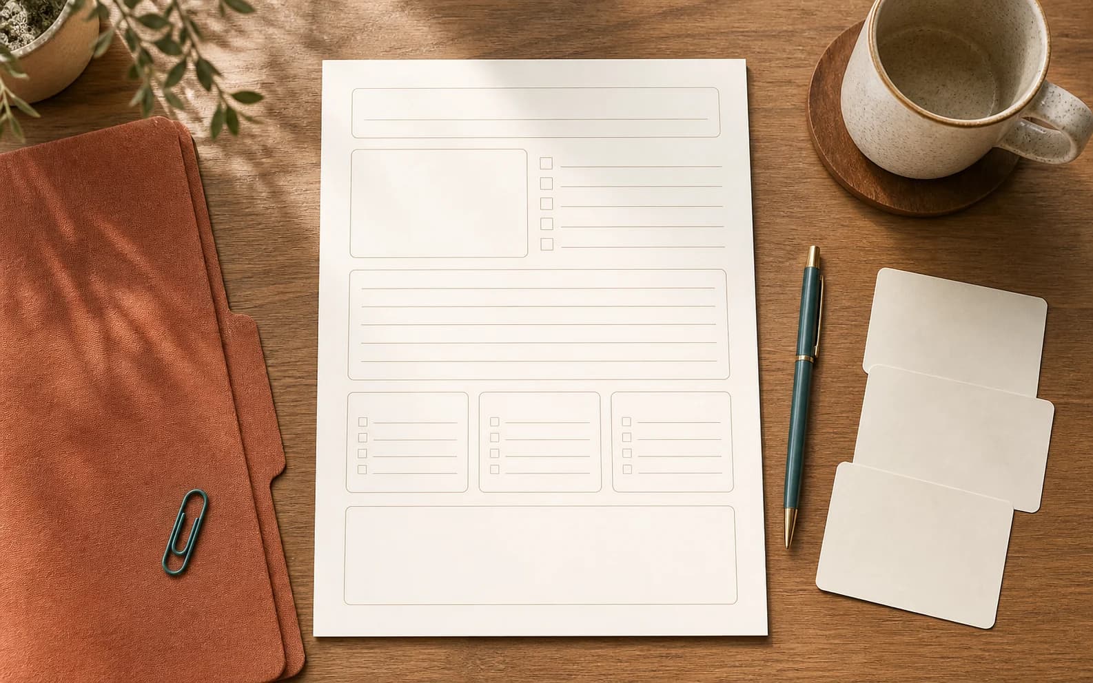 A blank reflection worksheet with writing areas and checkboxes sits beside a pen, blank cards, folder, and cup.