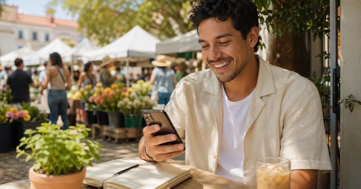 A smiling man sits at an outdoor market cafe, holding a phone above an open notebook beside an iced drink.