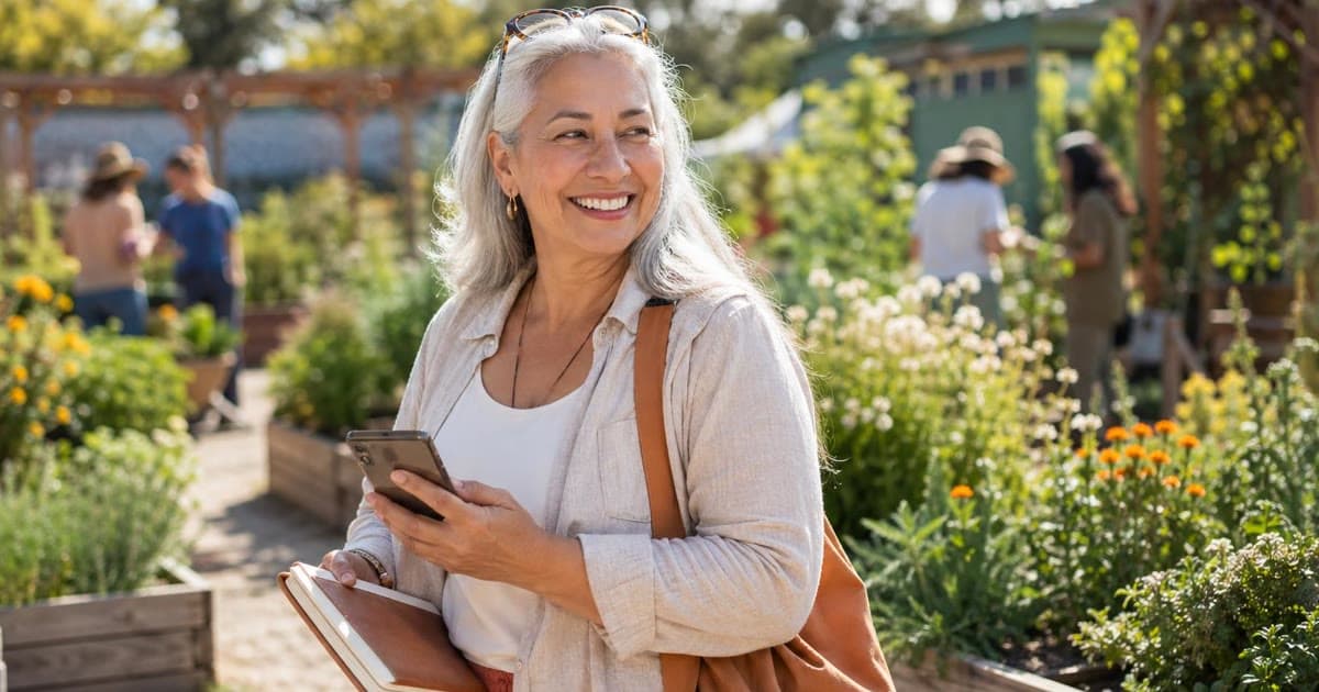 A woman standing in a garden while holding a phone and a closed notebook, with other people in the background.