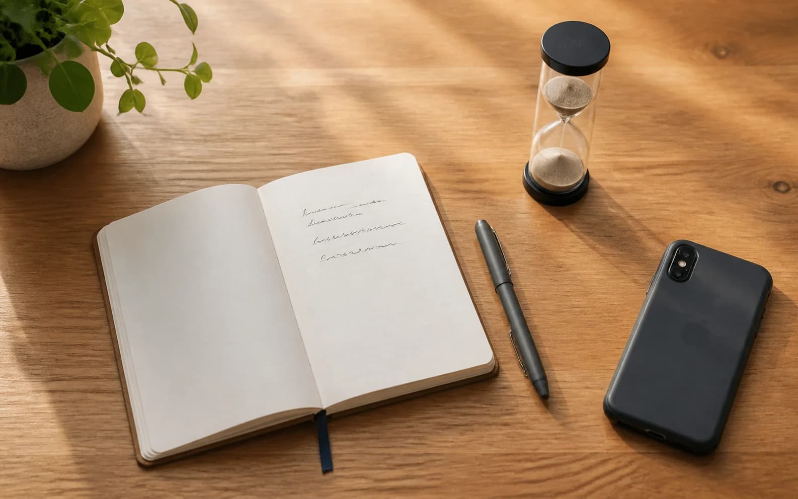 An open journal with a few handwritten lines sits beside a pen, phone, and hourglass on a wooden table.