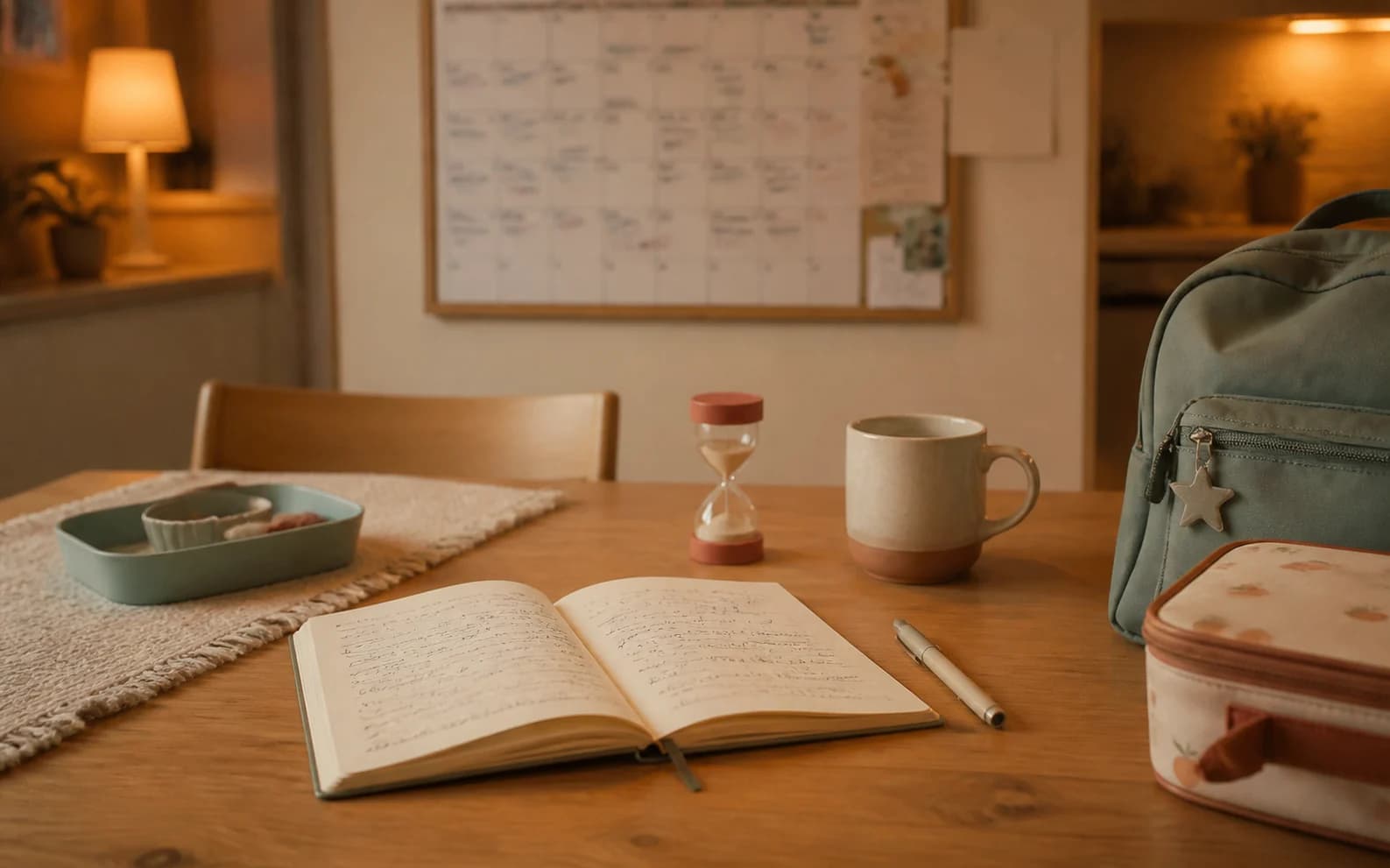 An open handwritten journal, pen, cup, lunch bag, backpack, and small hourglass sit on a warm kitchen table.