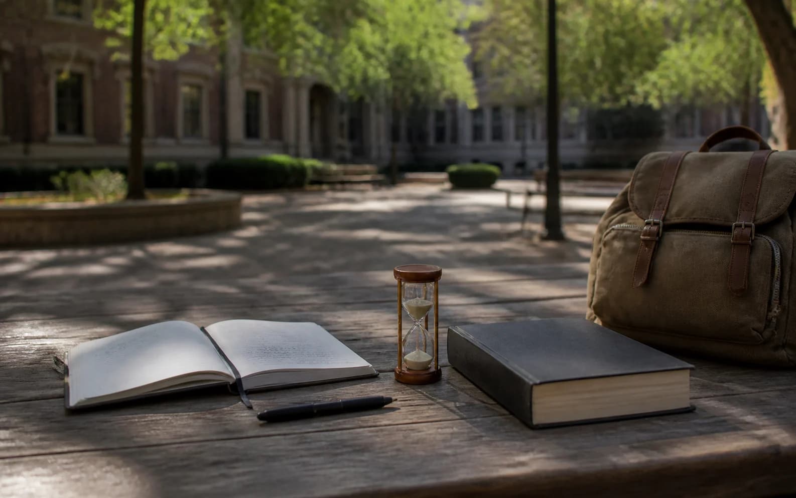 An open journal, pen, hourglass, closed book, and backpack sit on a shaded campus table.