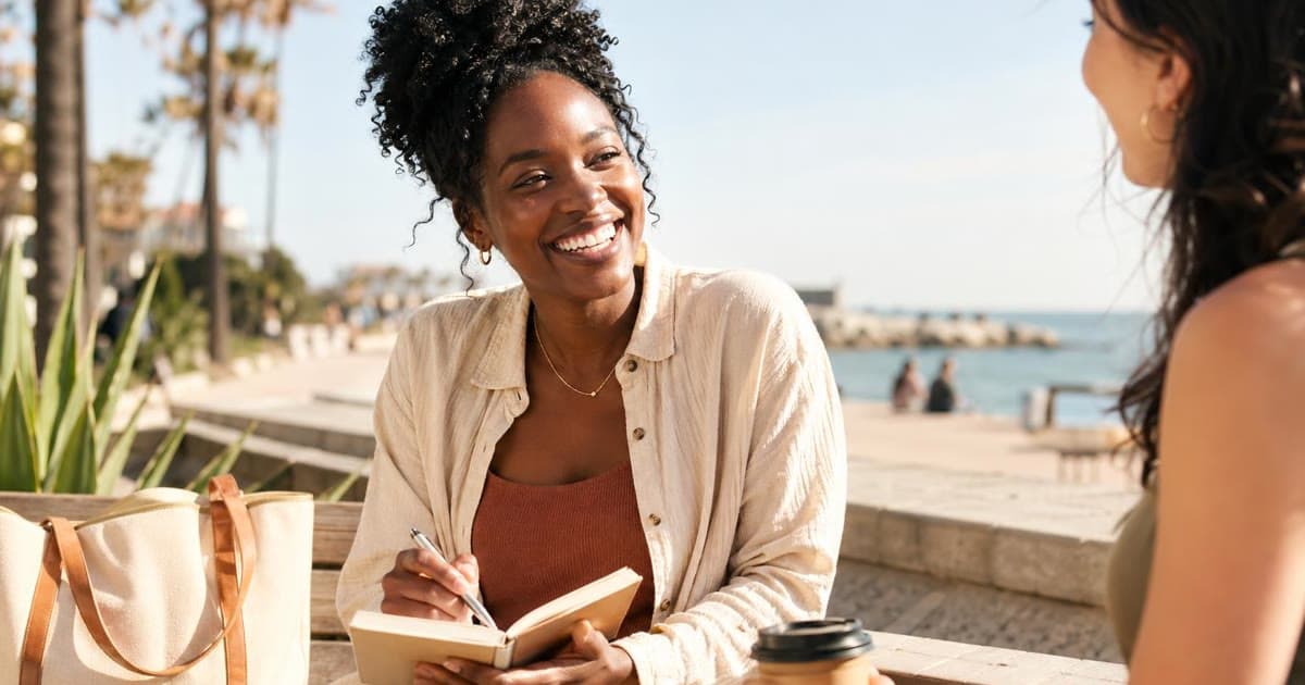 Two women at an outdoor table by the water, one writing in an open notebook while they talk.