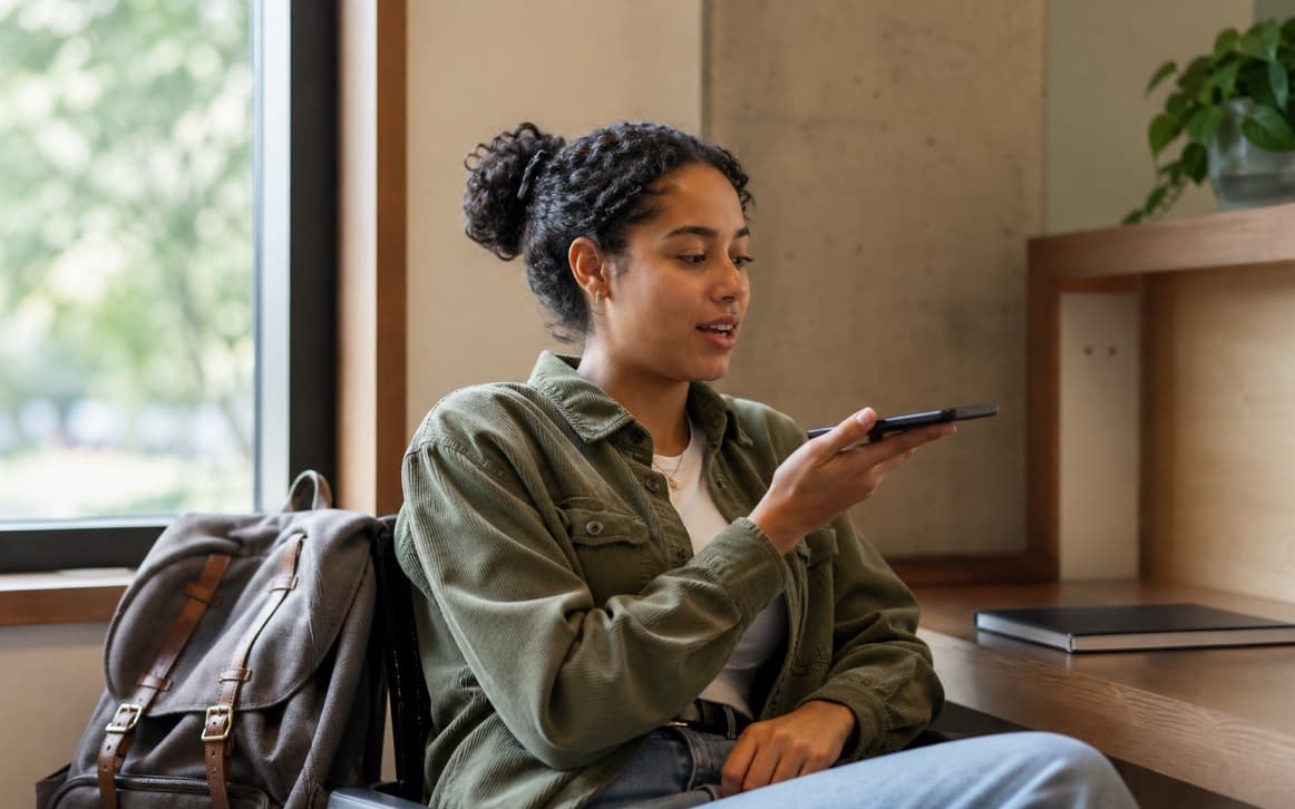 Student seated near a classroom window speaking into a phone, with a backpack and closed notebook beside her.