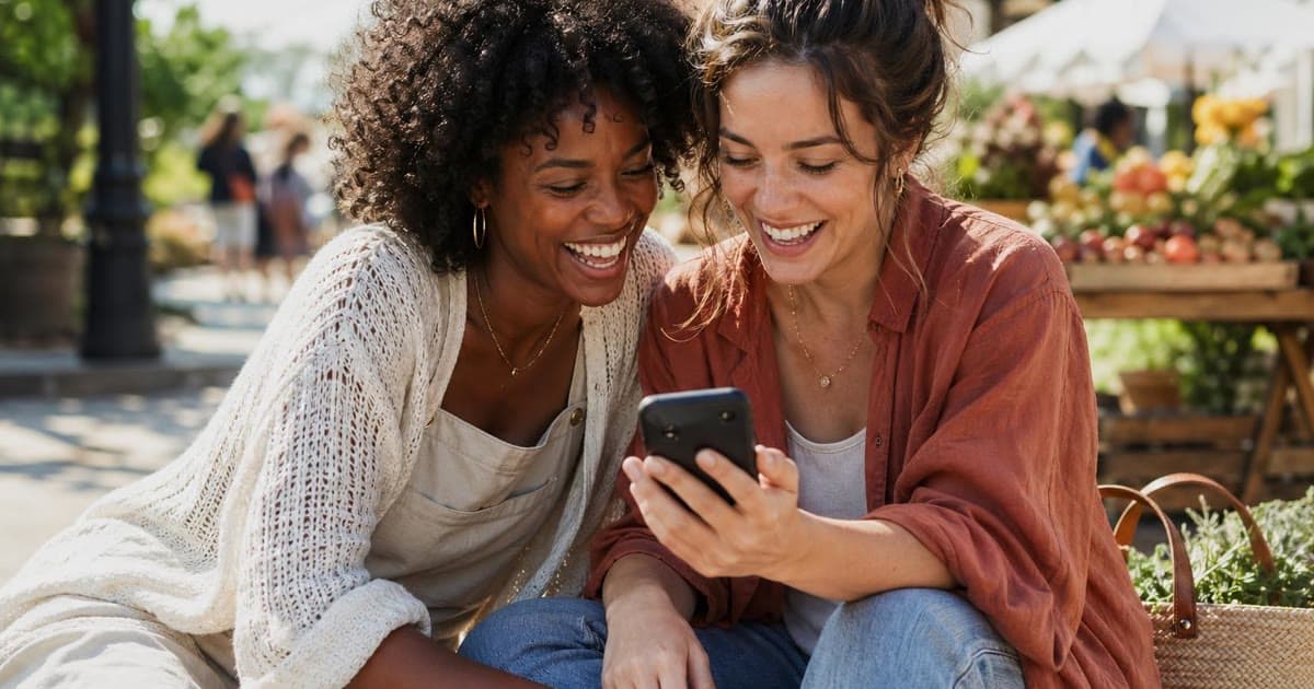 Two women sitting close together at an outdoor market while smiling at a smartphone held between them.