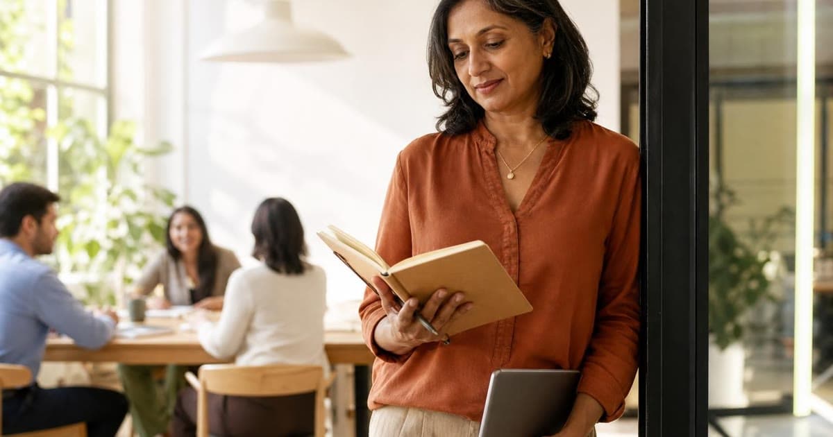 A woman in a rust blouse stands near a bright office window and reads an open notebook while holding a tablet.
