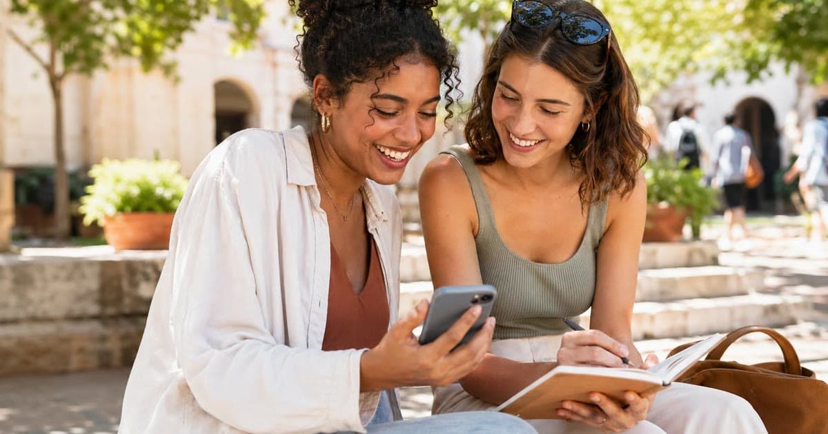 Two women sit outdoors looking at a phone and an open notebook.