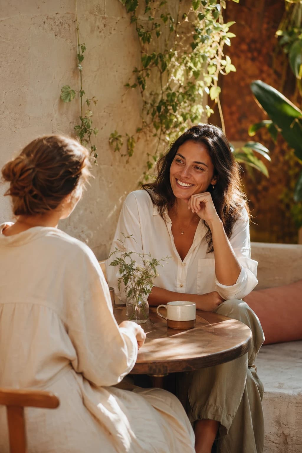 A relaxed conversation in warm natural light, representing the human side of check-in