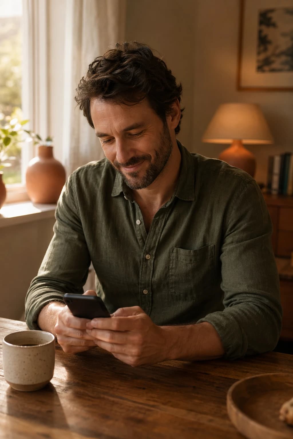 A man texting on his phone in a warm home setting