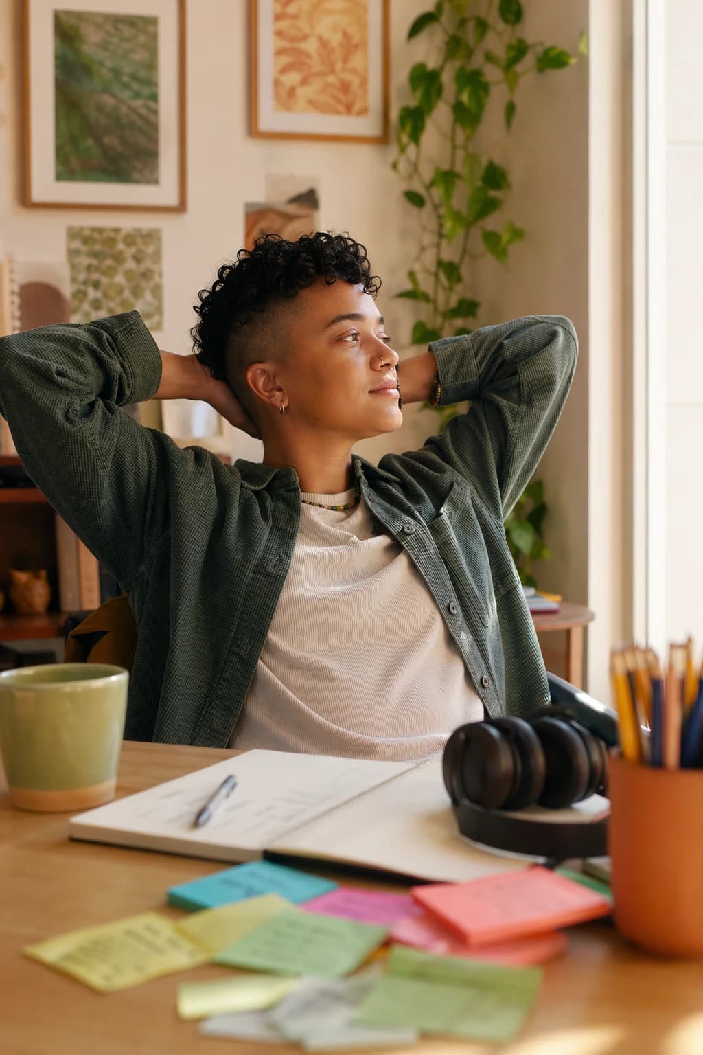 A mixed-race nonbinary young adult taking a reflective pause at a warm creative workspace