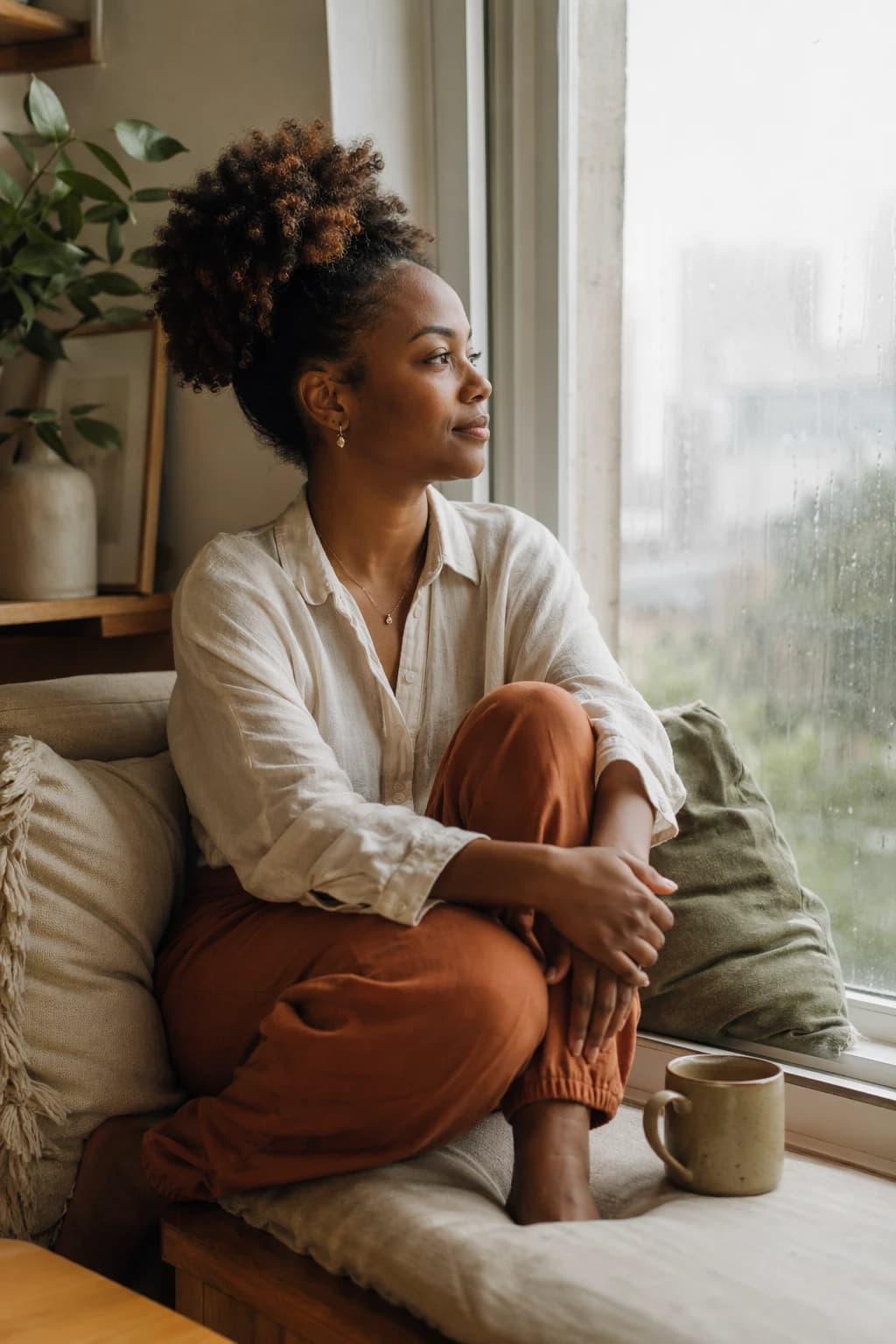 A Black woman taking a quiet grounded moment by a window with a warm mug nearby