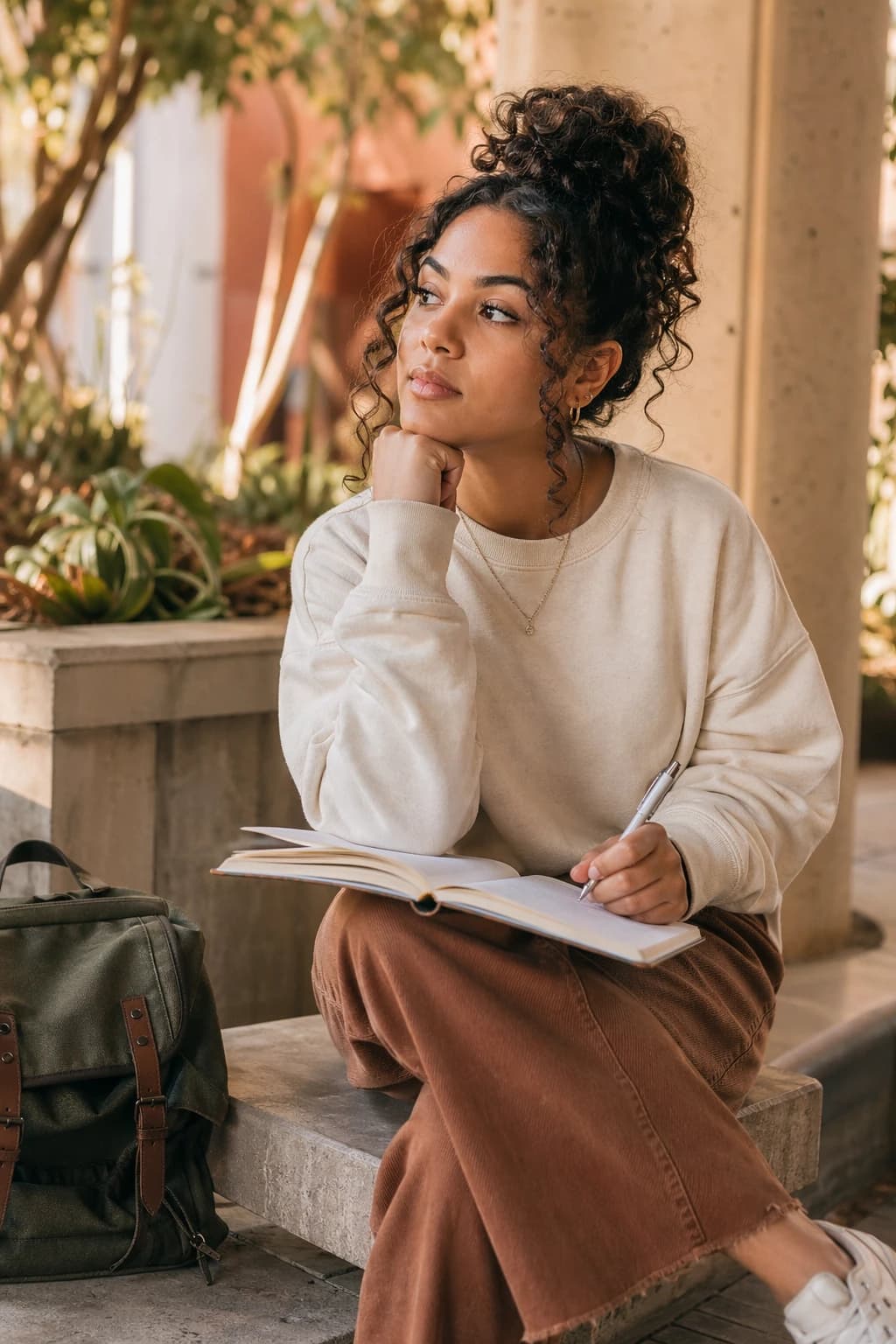 An Afro-Latina college student taking a reflective break between classes on campus