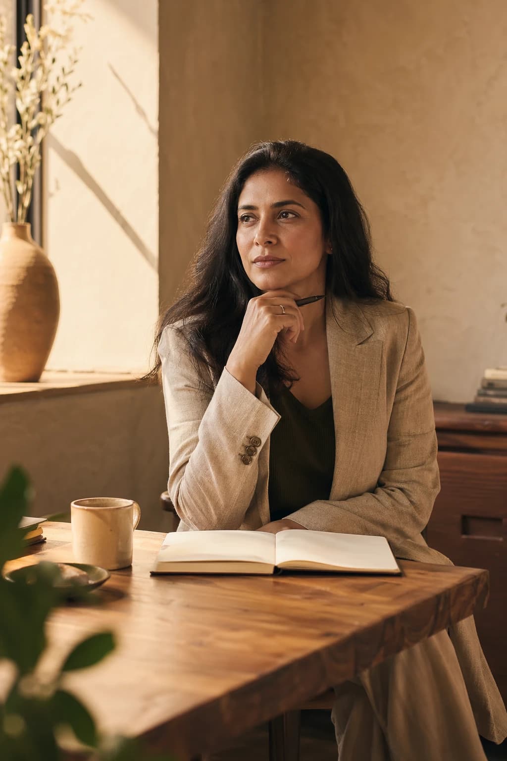 A South Asian woman founder taking a clear-headed pause in a warm workspace