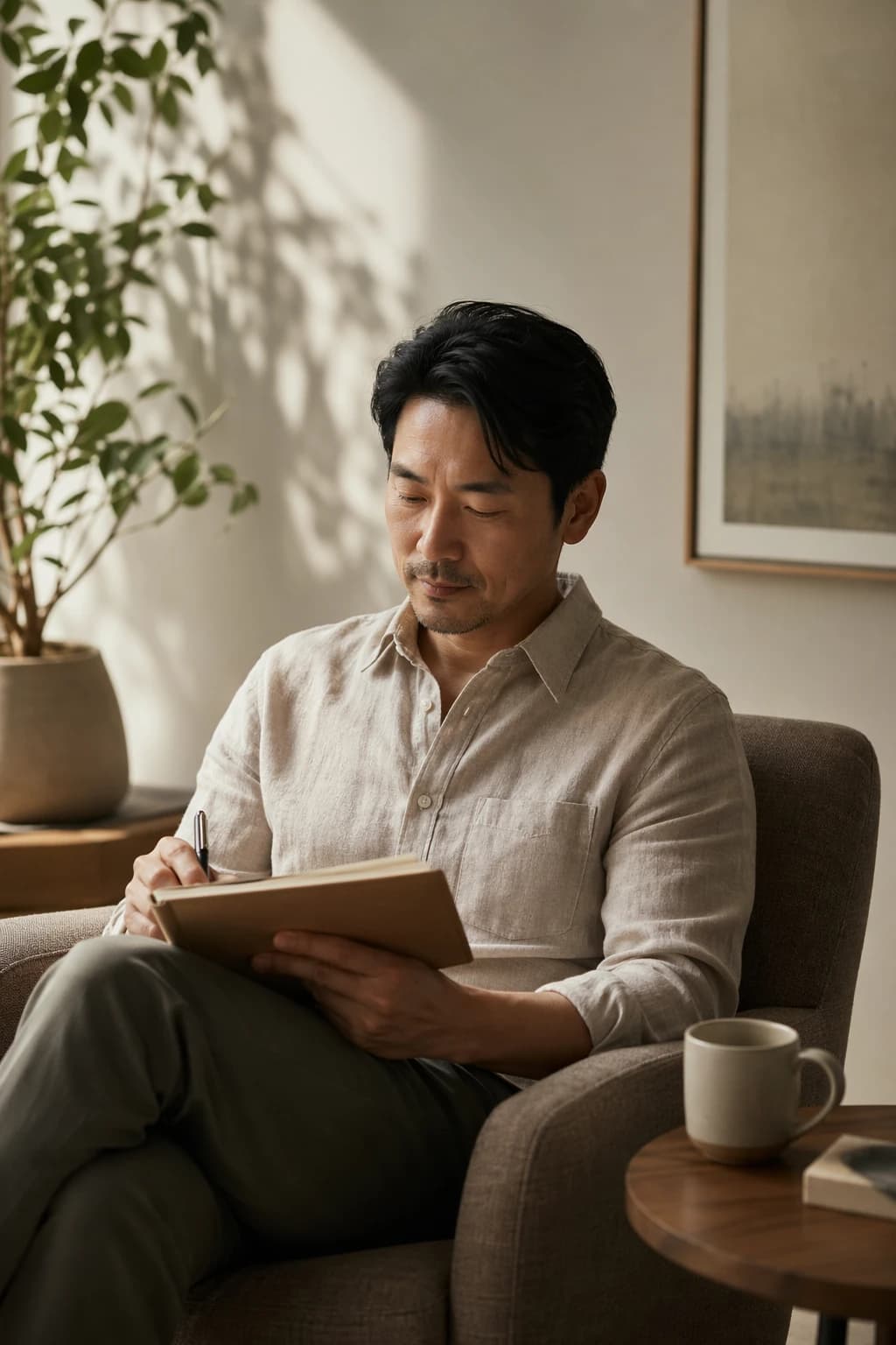 An East Asian man reviewing personal notes in a quiet room before a therapy session