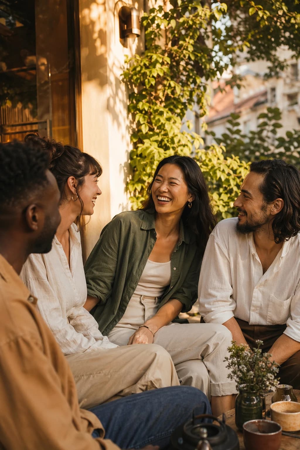 Friends sharing an easy conversation in warm natural light