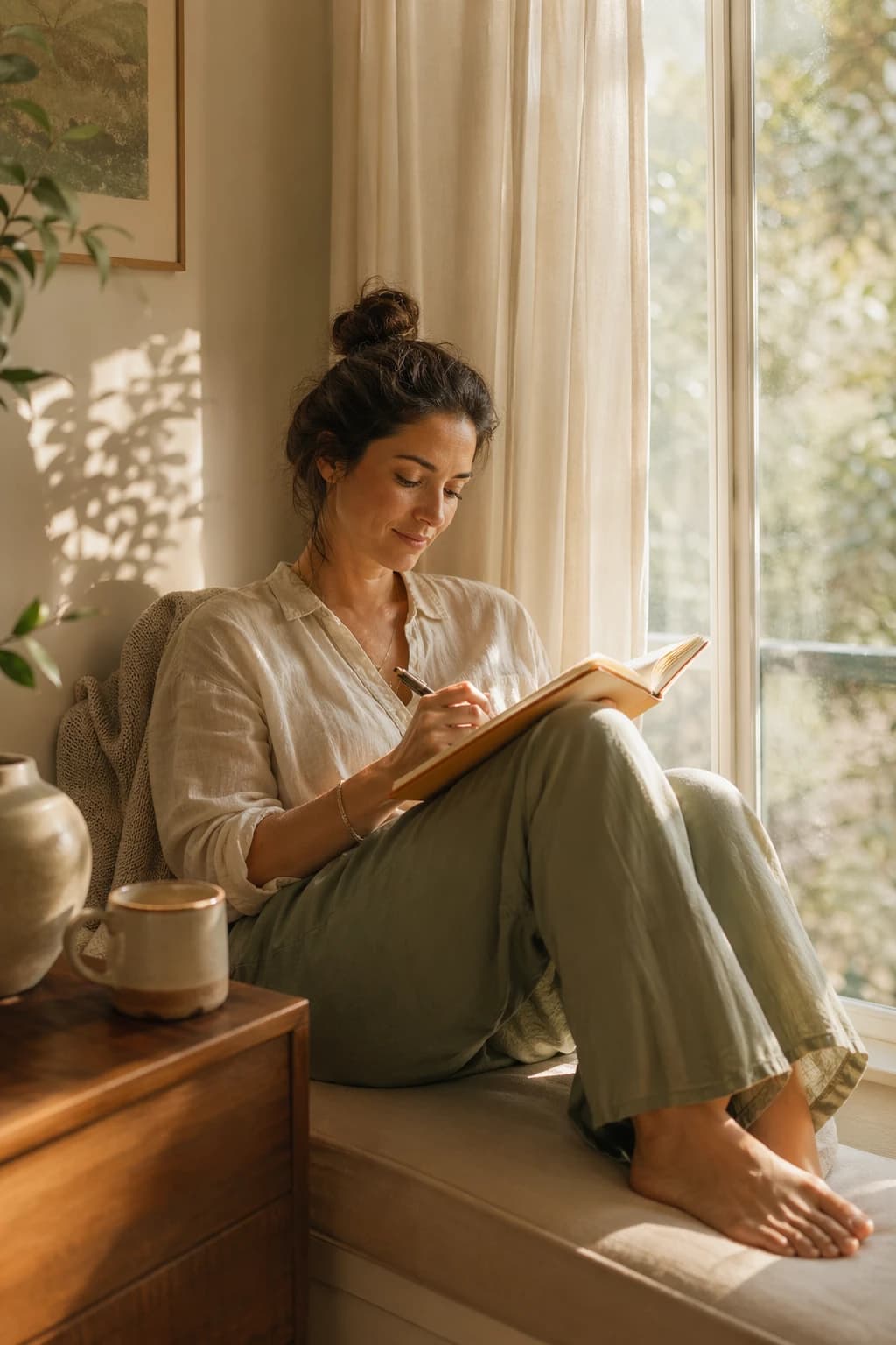 A quiet human moment in soft daylight, representing a grounded way to understand self-reflection