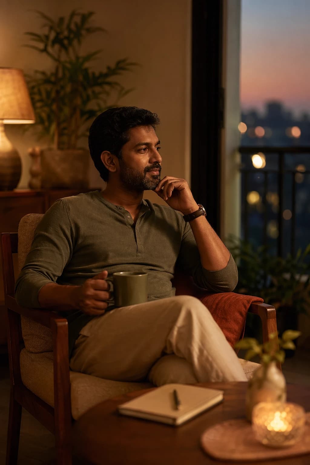 A person pausing in warm evening light, representing how theme connects moments across time