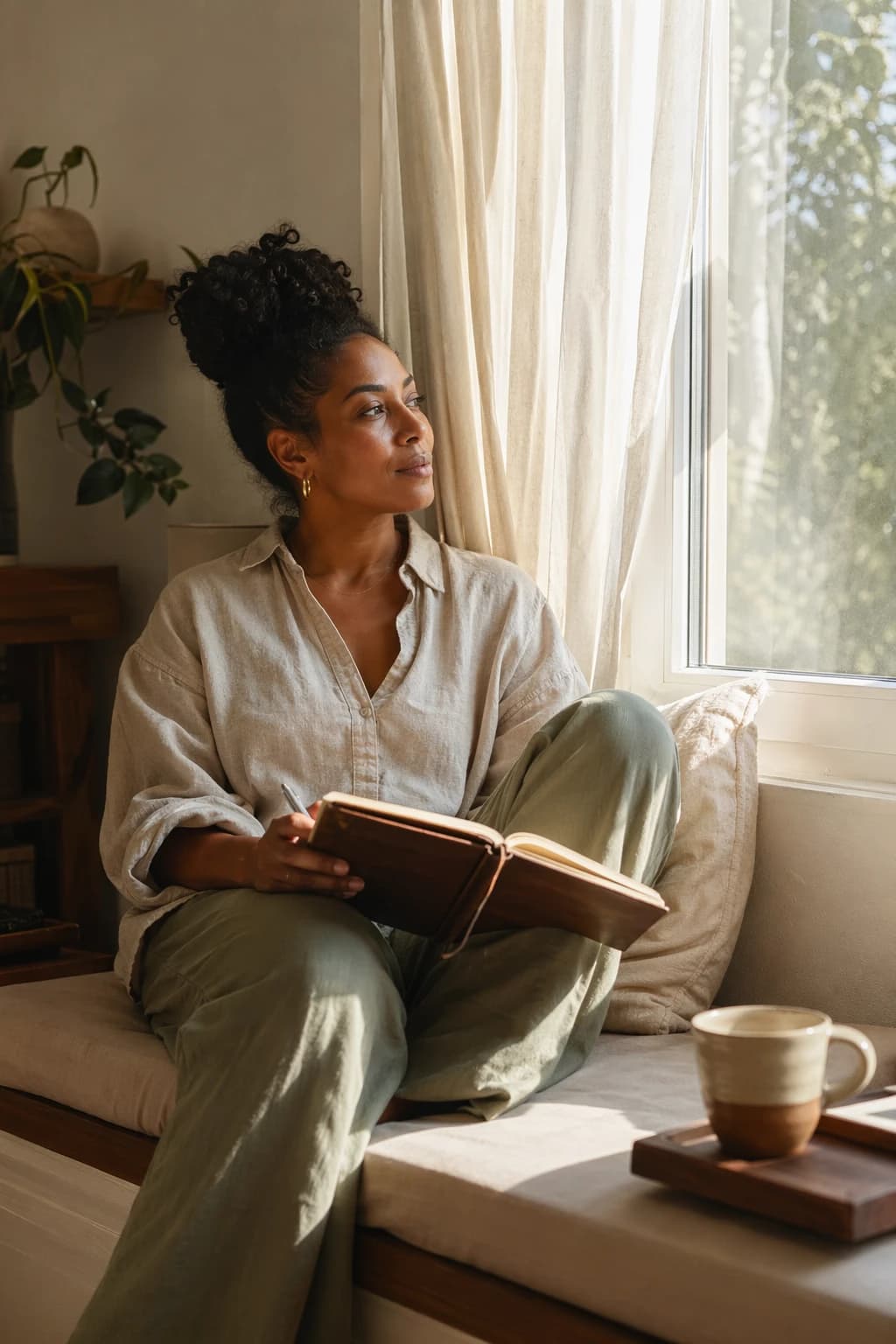 A person in a quiet moment of honest self-reflection, the kind Daylogue is built for