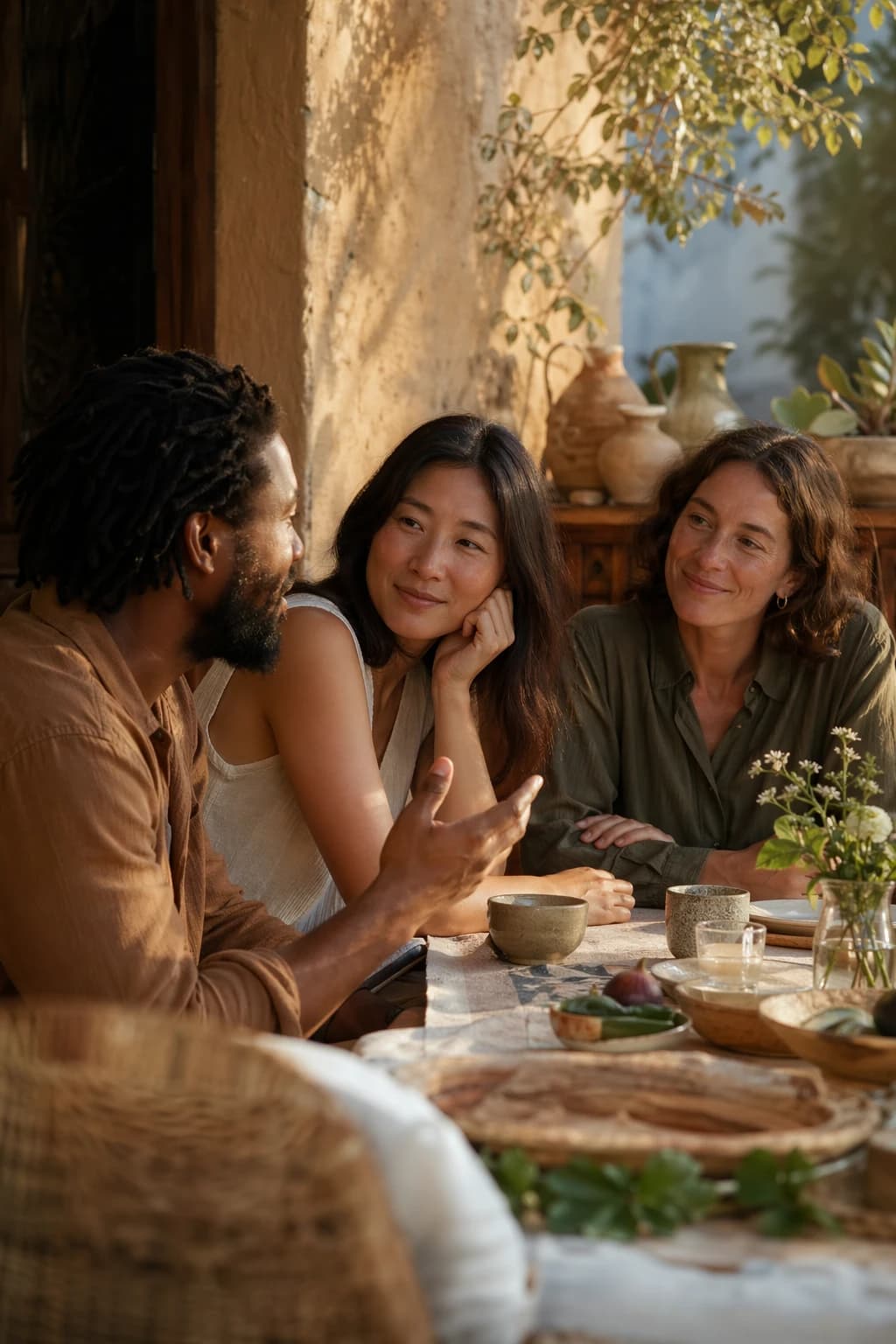 A diverse group of adults sharing a warm conversation together in late-afternoon light