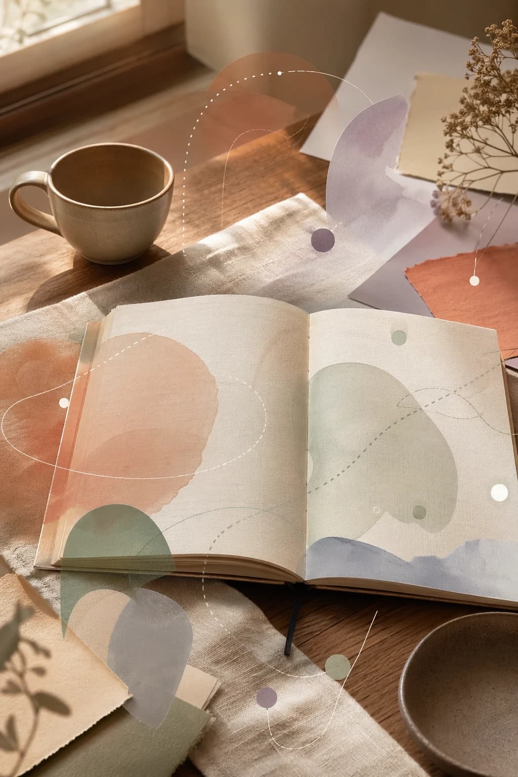 Open notebook and ceramic cup on a sunlit table, overlaid with soft abstract shapes and dotted curved lines.