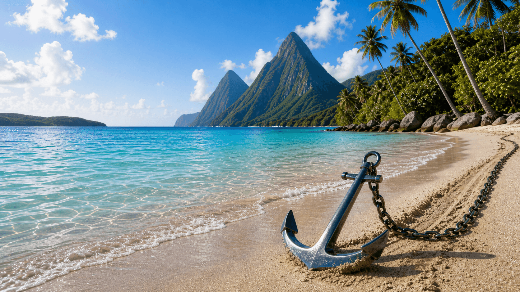 A warm shoreline landscape with an anchored chain in the sand
