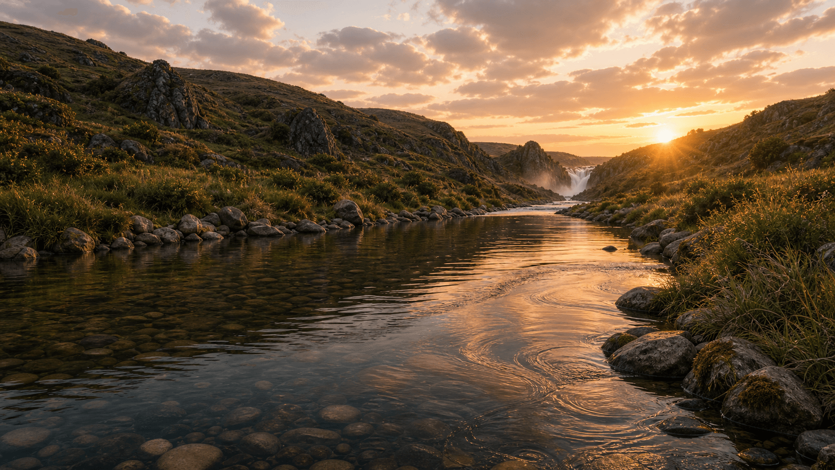 Warm light moving across a river landscape, suggesting patterns that become visible over time