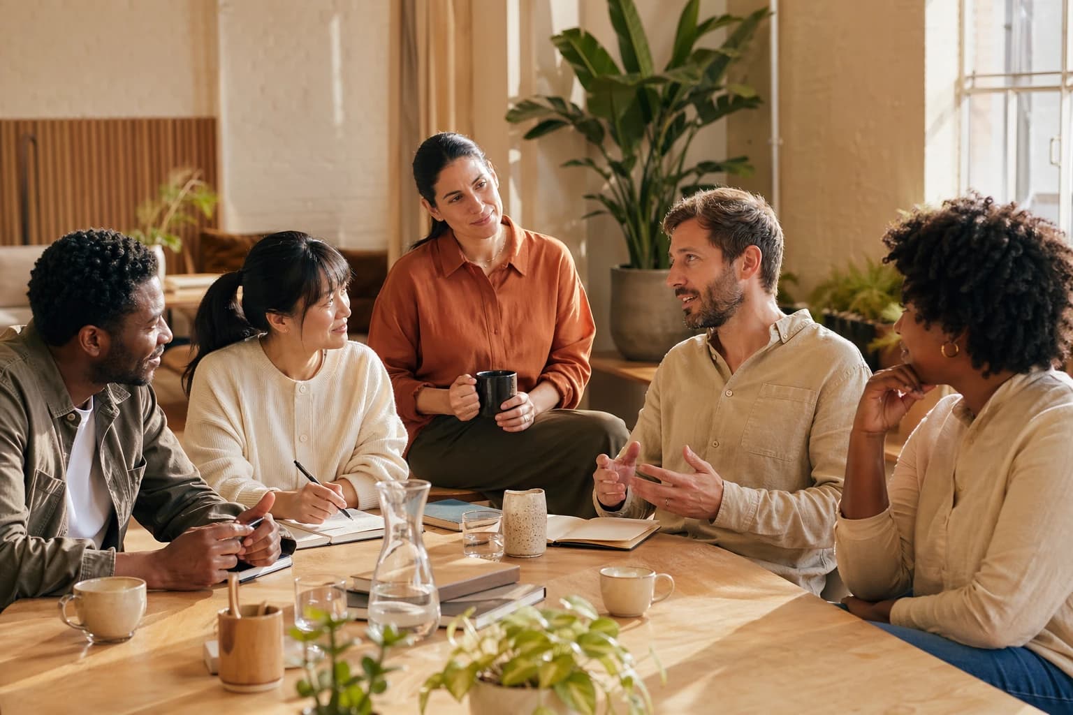 Coworkers sharing an easy conversation in warm afternoon light