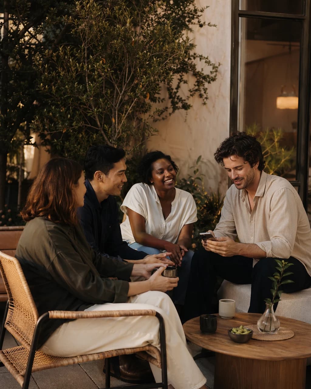 Coworkers talking together outside in warm afternoon light