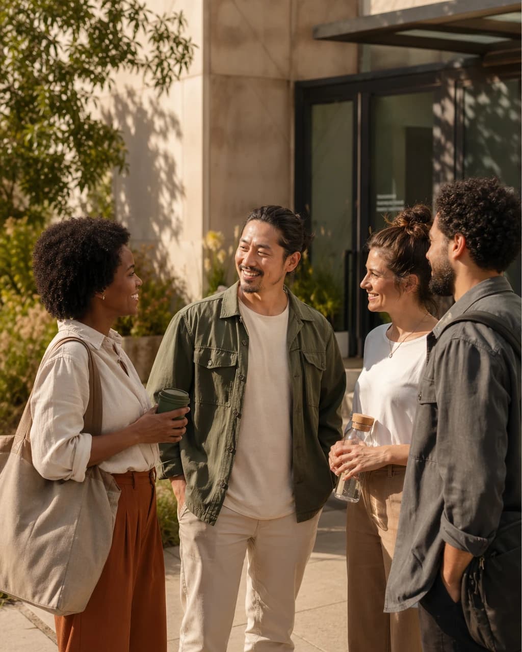 A diverse team standing together outdoors on a break, relaxed and connected between shifts.
