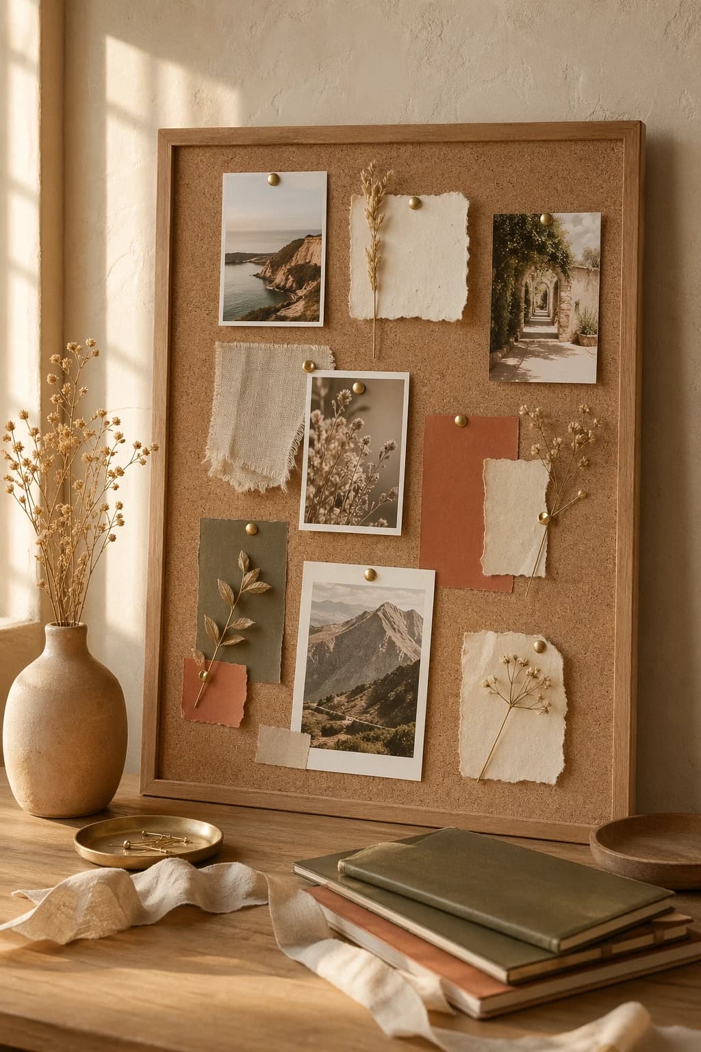 Warm editorial vision board with pinned photos, dried botanicals, and terracotta paper details
