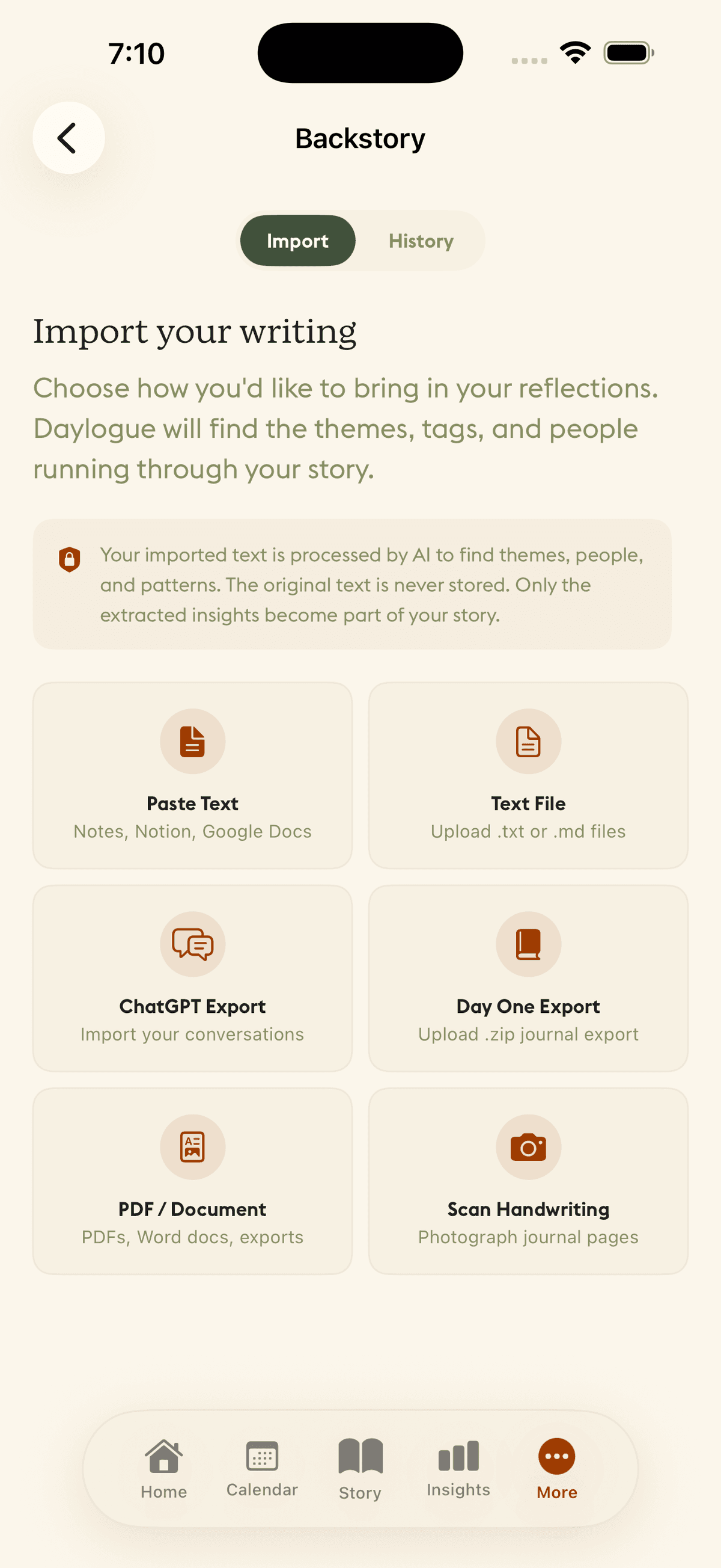 Daylogue iOS Backstory screen showing import options including paste text, text file, ChatGPT export, Day One export, PDF/document, and scan handwriting