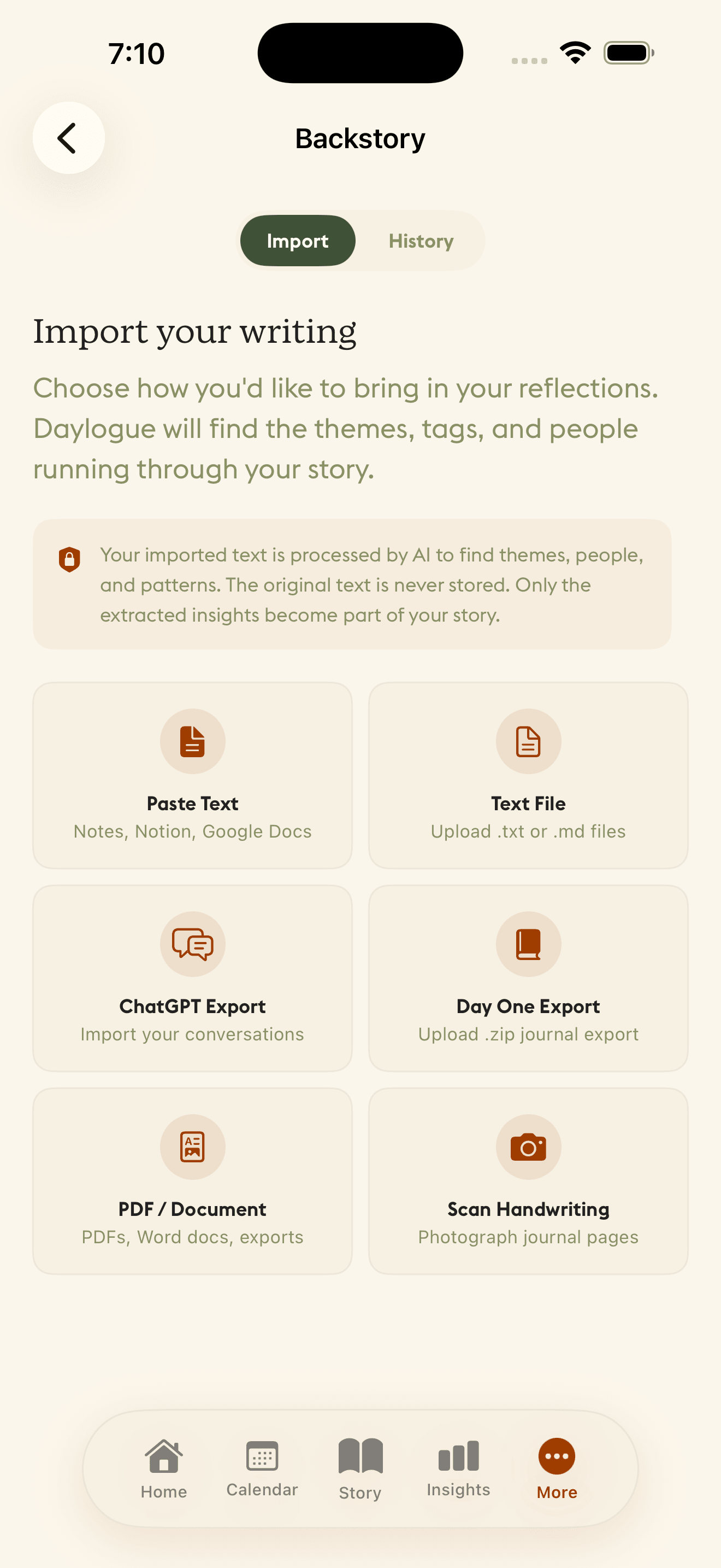 Daylogue iOS Backstory import screen showing six ways to bring past journals into your timeline including Paste Text, ChatGPT Export, Day One Export, PDF, and Scan Handwriting