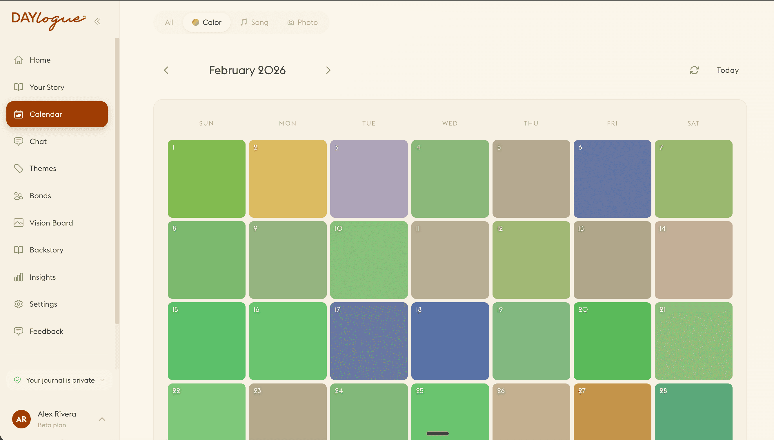 Chromascape calendar view in Daylogue showing a month of daily mood-color palettes, one per day, arranged in a grid