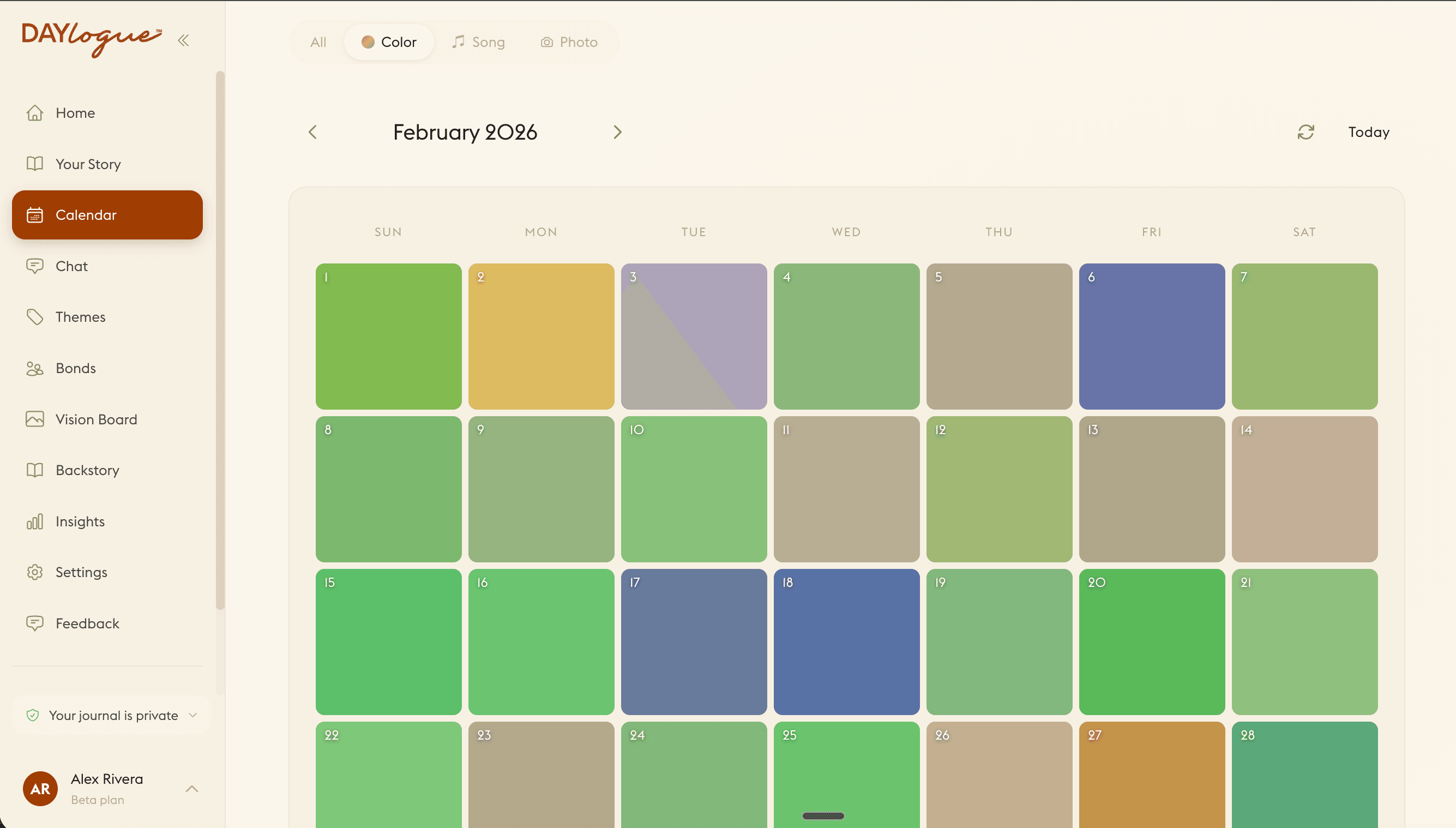 Daylogue Chromascape calendar view showing a month of daily emotion colors mapped across February 2026 for visual emotional awareness