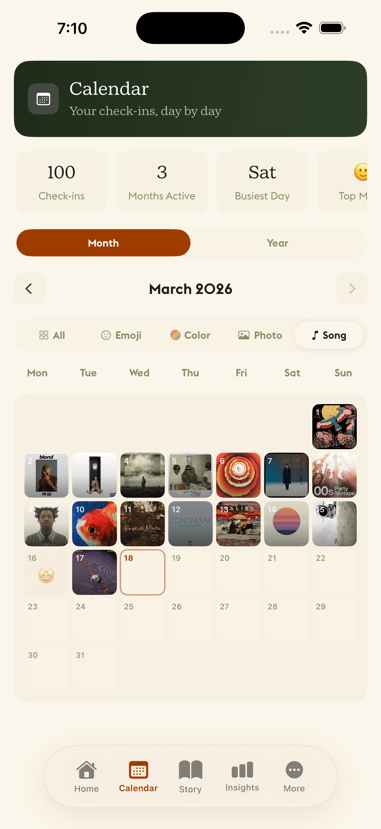 Daylogue on an iPhone shows the March 2026 Calendar with the Song filter selected and check-in artwork on dated squares.