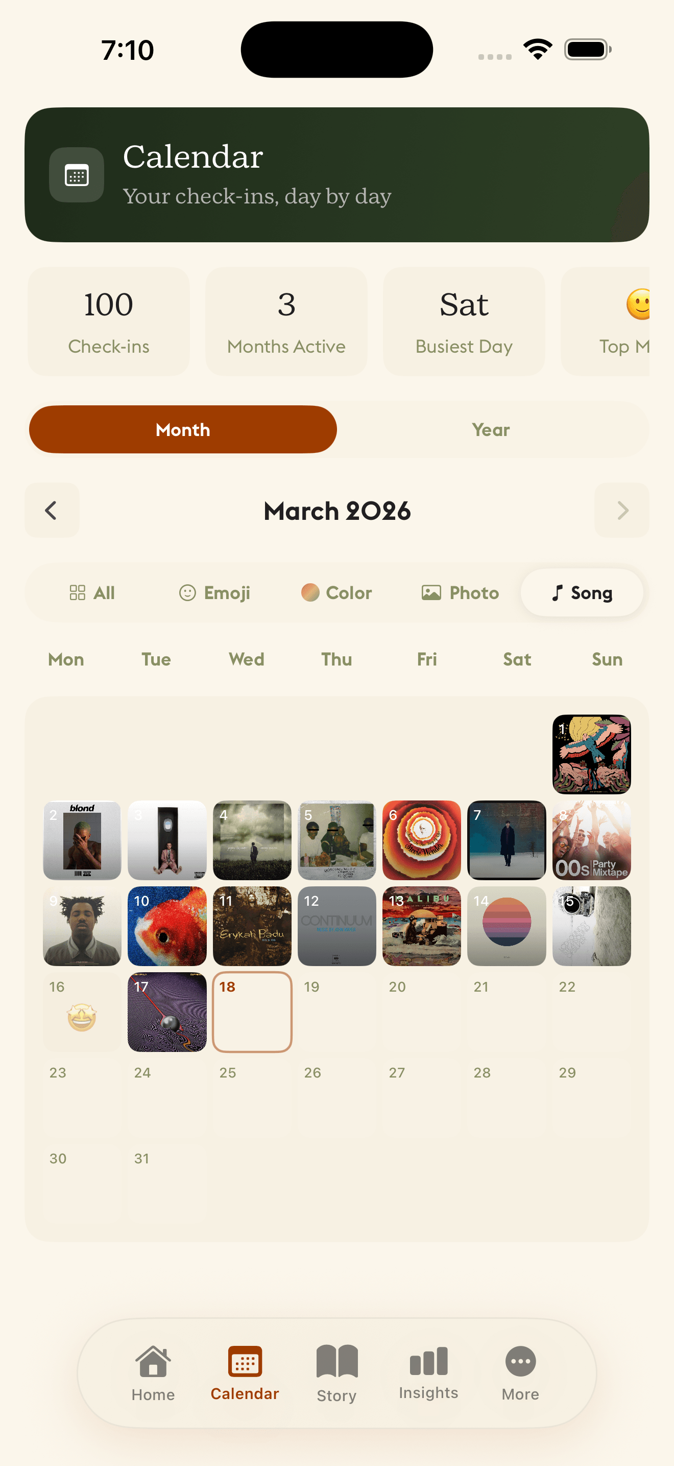 Daylogue Logue Soundtrack calendar showing album art for each day, connecting music to emotional moments through Apple Music integration