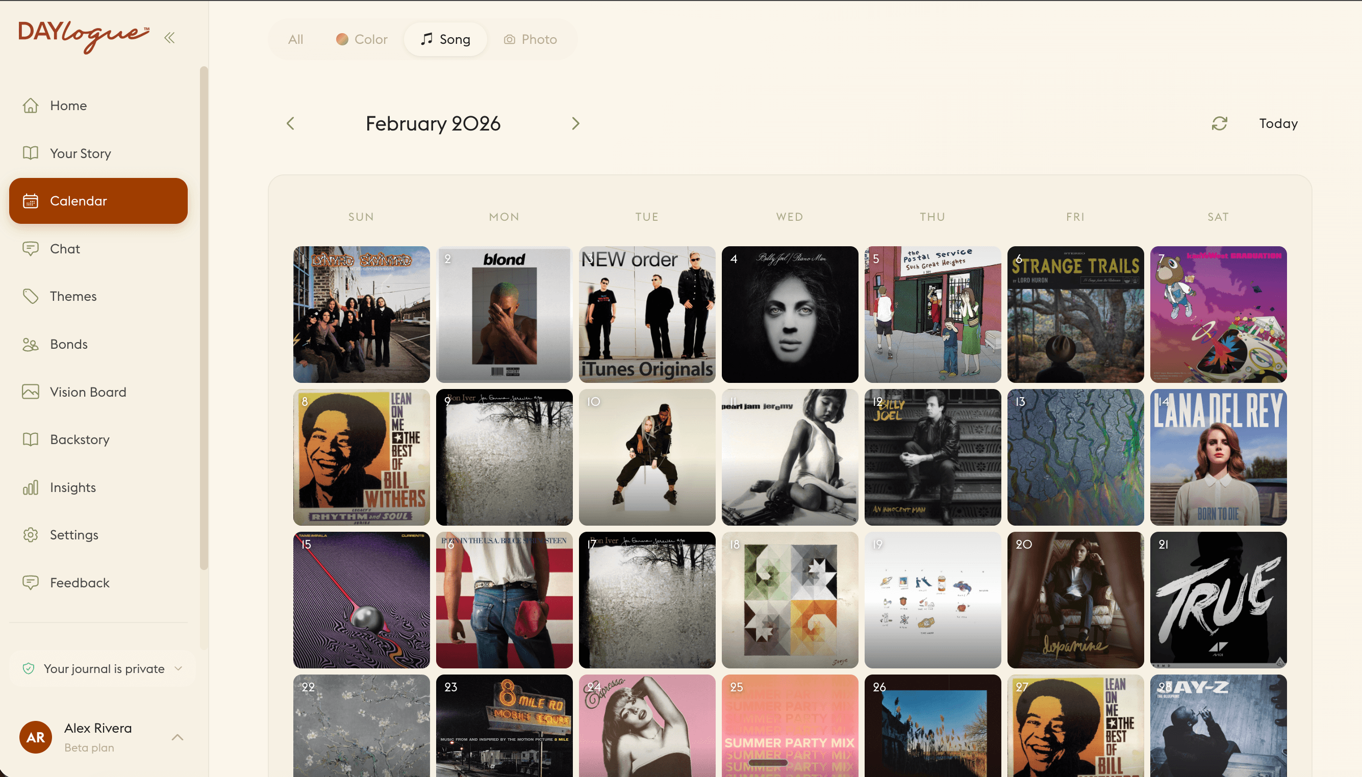 Daylogue Logue Soundtrack web calendar showing a full month of album art including Frank Ocean, Lana Del Rey, and Jay-Z mapped to emotional check-in days
