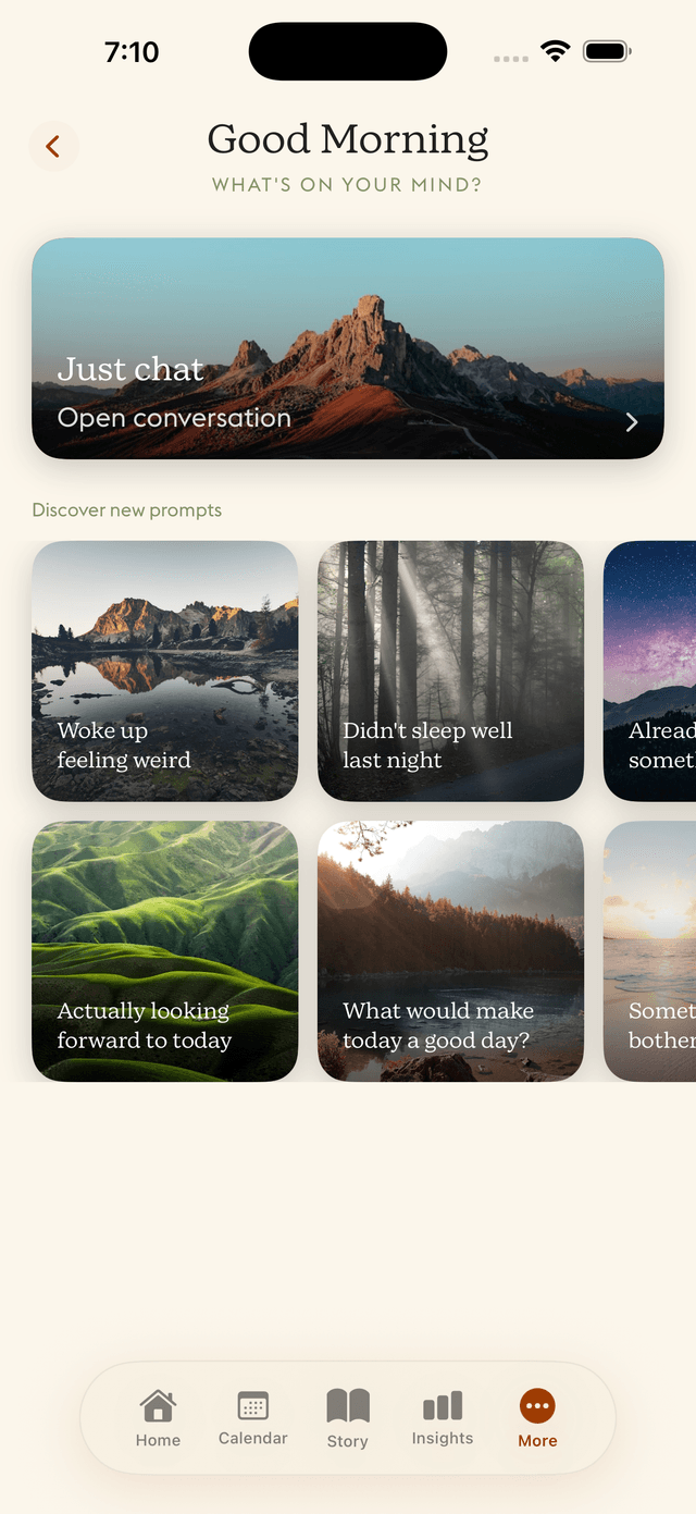 Daylogue journaling prompt cards with nature photography for voice and text emotional reflection