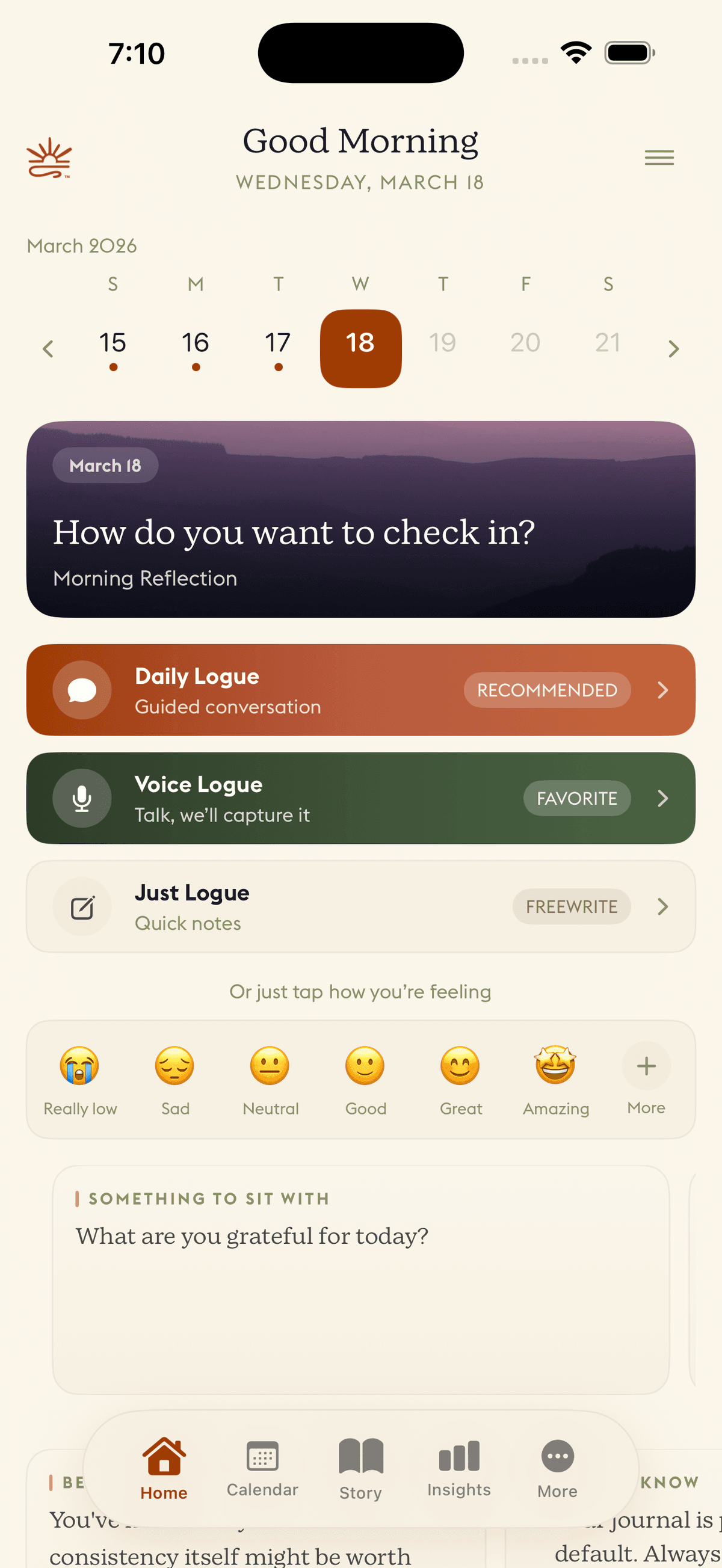 Daylogue app home screen showing personalized emotional wellness dashboard with mood tracking and daily narrative